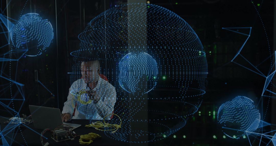 Engineer Working on Network Infrastructure in Advanced Server Room