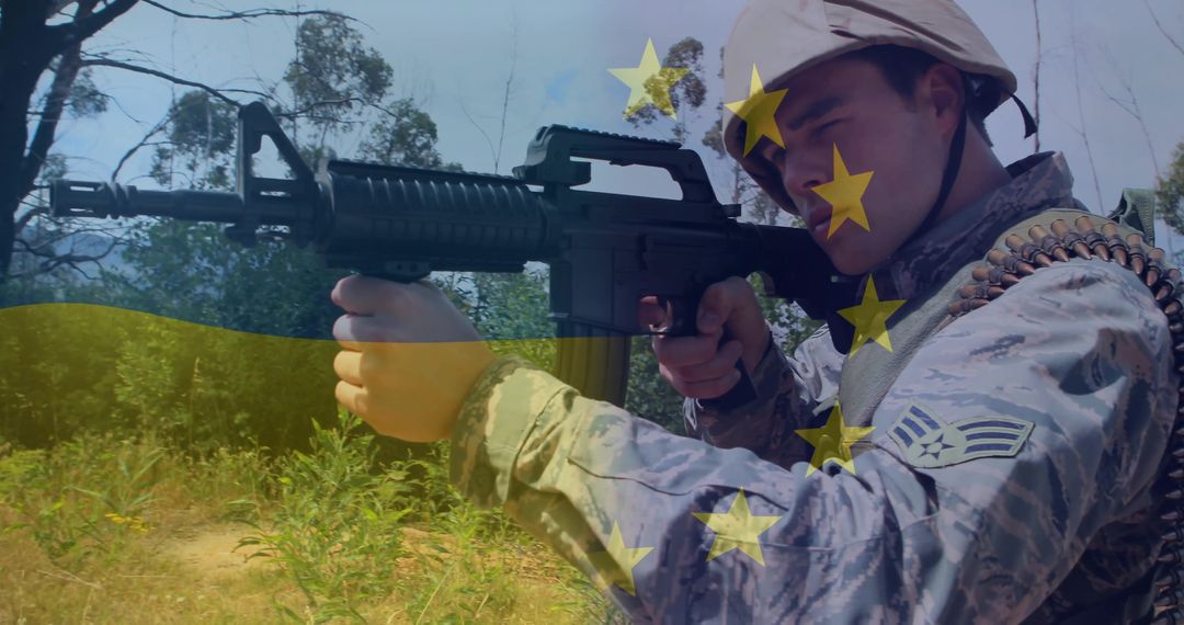 Aiming Soldier Holding M4 Rifle with EU Stars and Ukraine Flag Overlay, Tactical Training