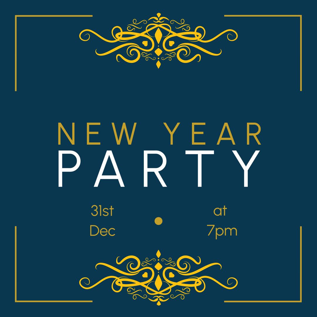 Elegant New Year Party Invitation with Gold Designs on Blue Background