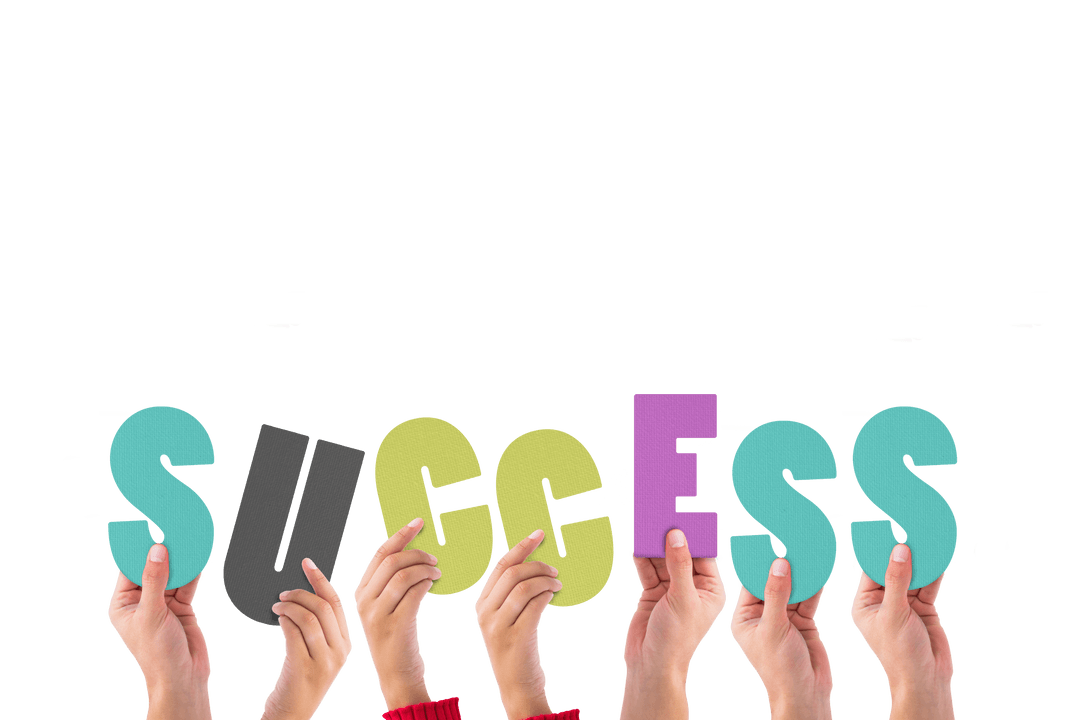 Hands Holding Multicolored Success Letters on Transparent Background