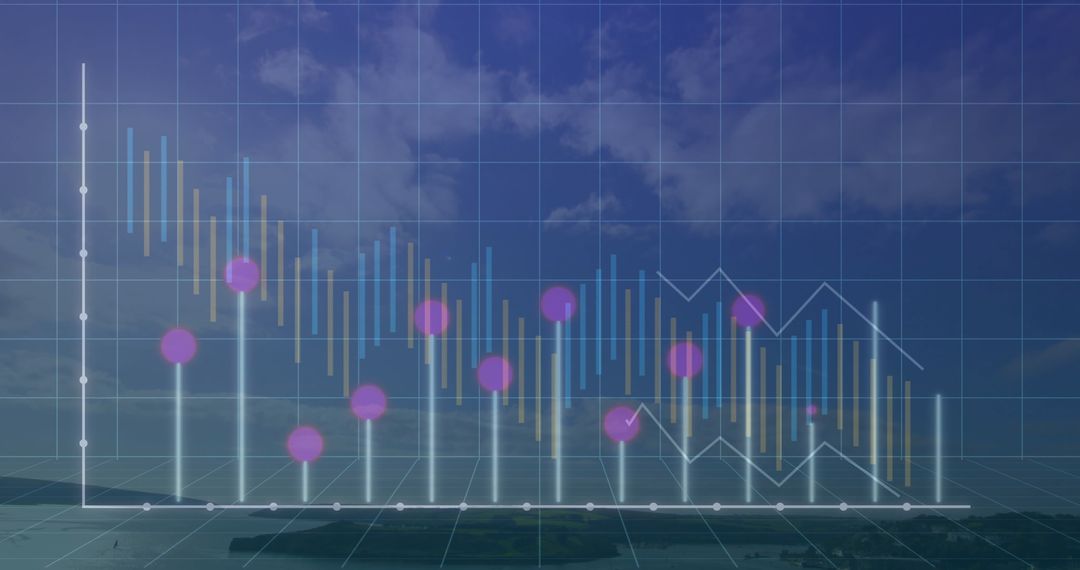 3D Financial Chart with Candlesticks under Cloudy Sky