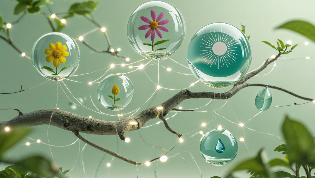 Dreamy Botanical Magic Tree Branch with Floating Spheres and Lights