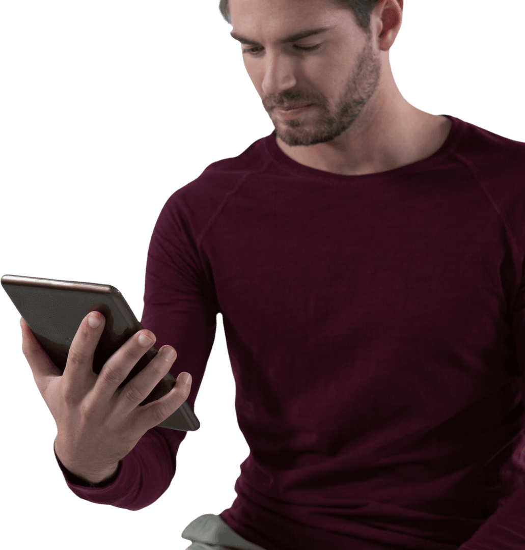 Man in Burgundy Top Using Tablet, Transparent Background