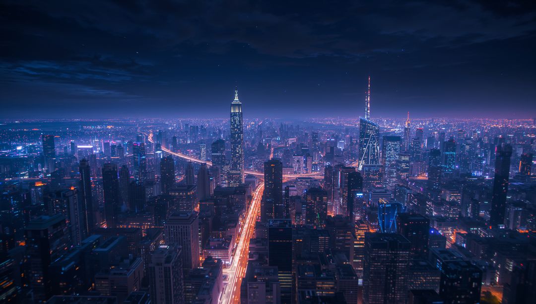 Neon Night City Skyline with Highway Light Trail Stretching Toward Horizon
