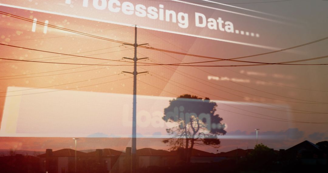 Data Processing Overlay with Electricity Pylons Panorama