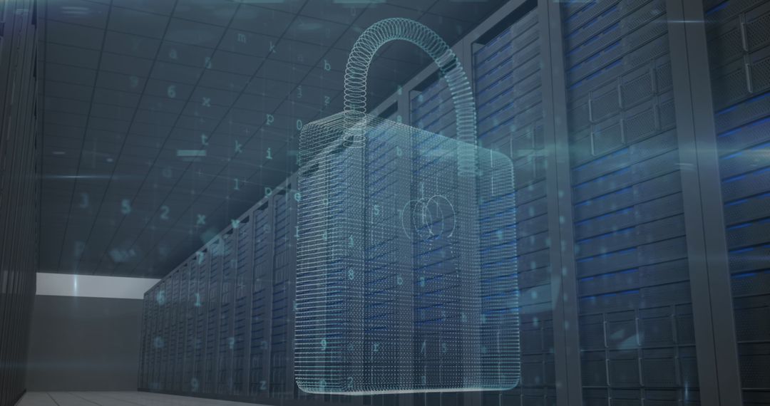 Cybersecurity Concept with Digital Padlock Over Server Room