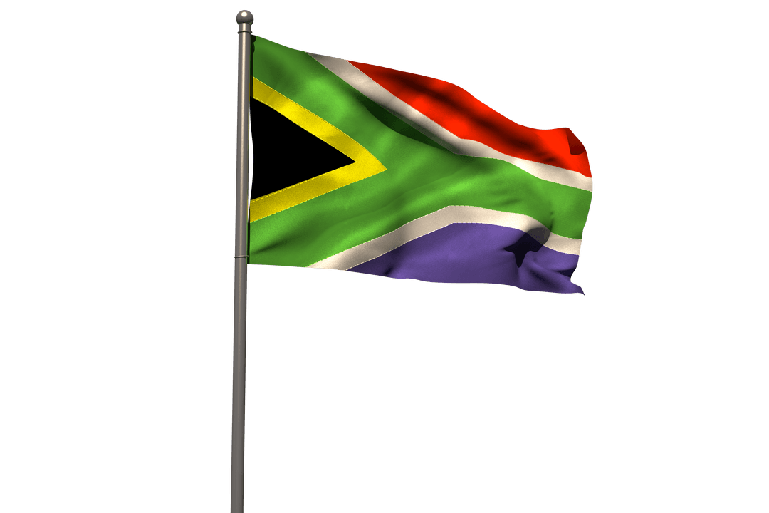 Transparent South African Flag Waving on Pole Isolated