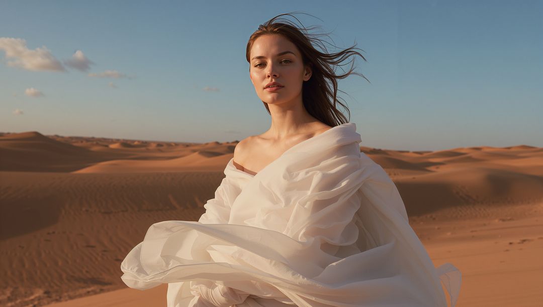 Elegant Woman in White Chiffon Wrap Amidst Desert Dunes