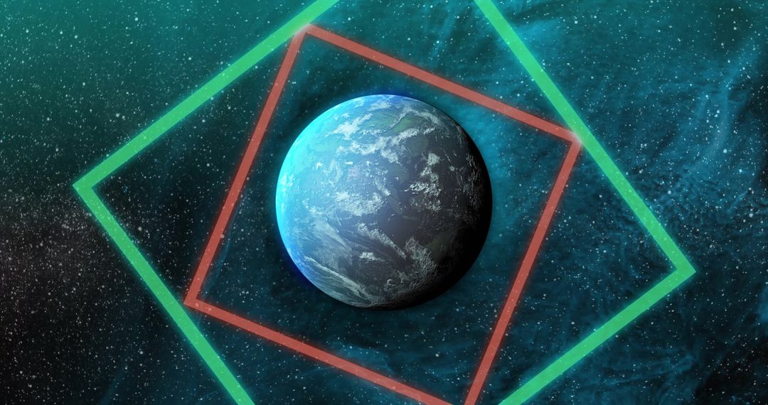 Planet in Abstract Geometric Grid with Starry Background