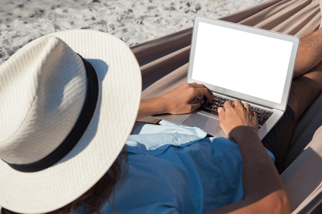 Transparent Screen Laptop on Beach Hammock Scene