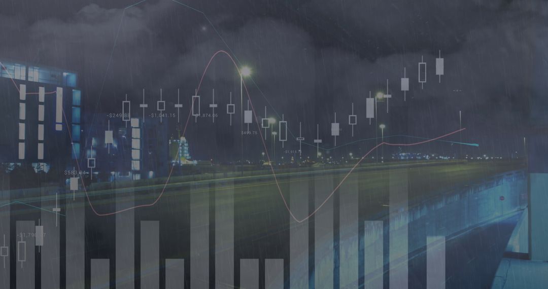 Digital Financial Chart Overlay on Night Cityscape