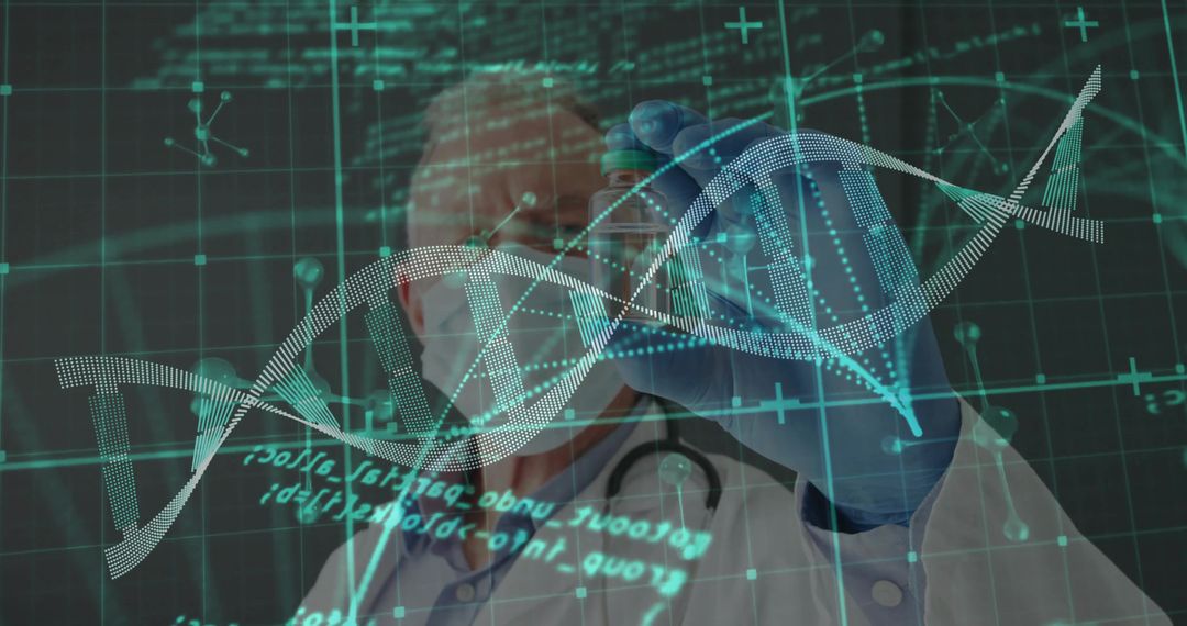 Doctor Interacting with Holographic DNA Visualization in High-Tech Lab