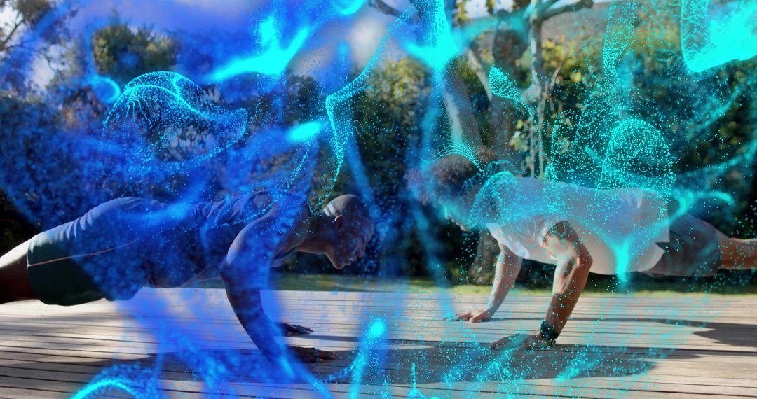 Two men doing push-ups outdoors with blue holographic energy overlay for teamwork training