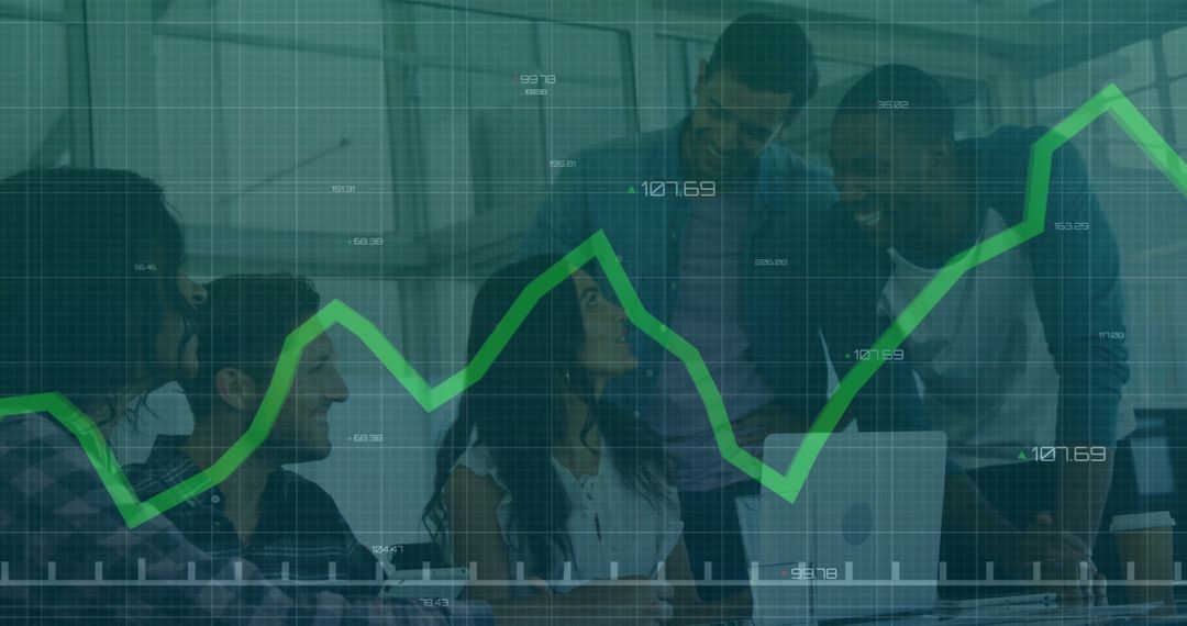 Team Analyzing Trends with Overlaid Line Chart in Modern Office