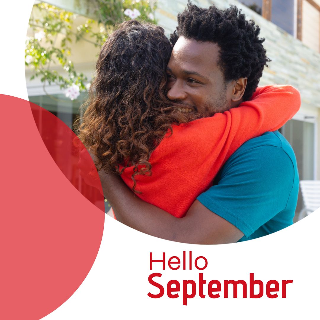 Happy Couple Embracing in Warm Autumn Welcome with Hello September