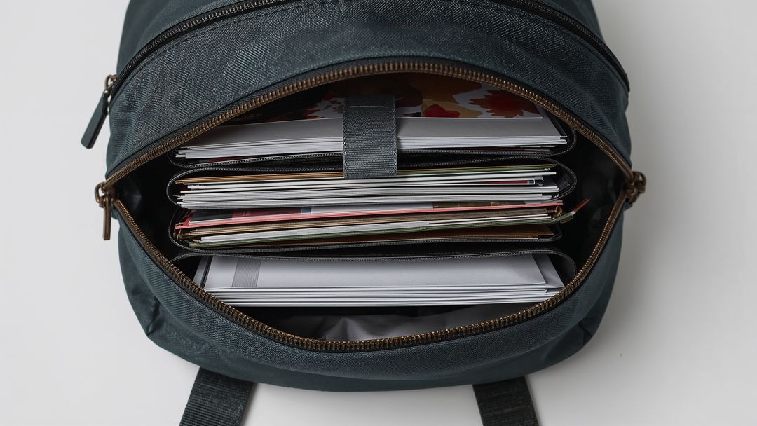 Open Backpack on Desk, Featuring Laptop and Documents