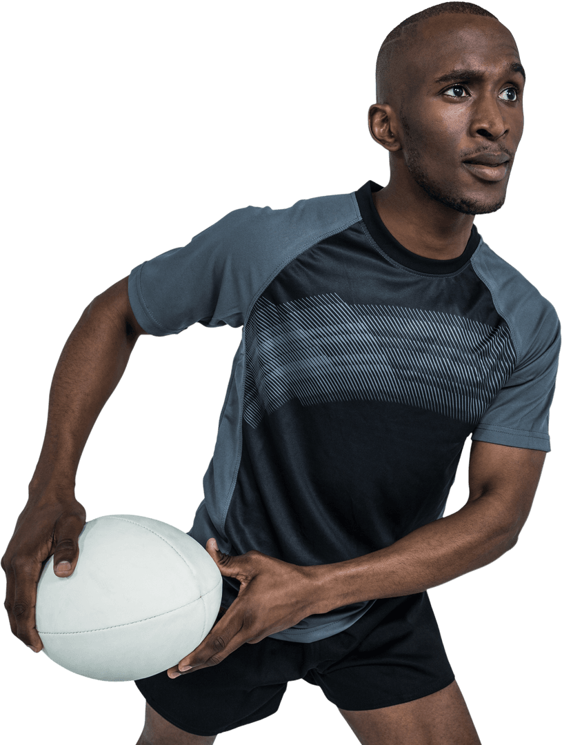 Confident Rugby Player Holding Ball in Transparent Action Pose
