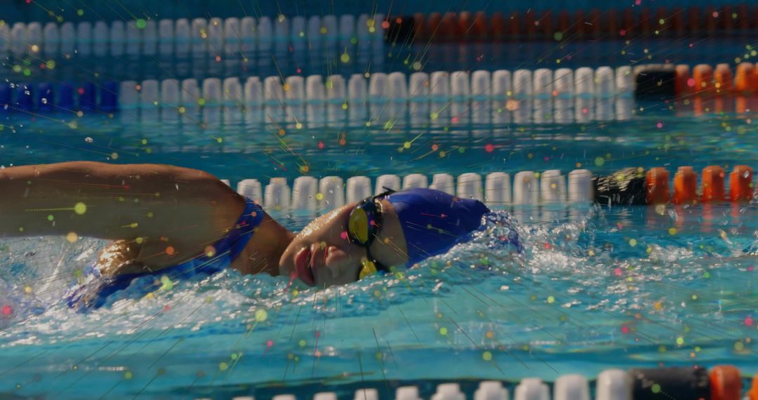 Female Swimmer in Motion with Vibrant Particle Effect Highlighting Performance