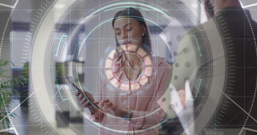 Woman Tapping Smartphone with Futuristic HUD Overlay in Collaborative Modern Office