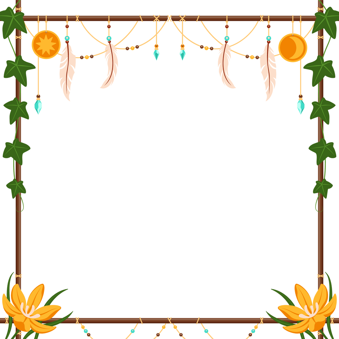 Bohemian Feather and Ivy Decorative Frame on Transparent Background