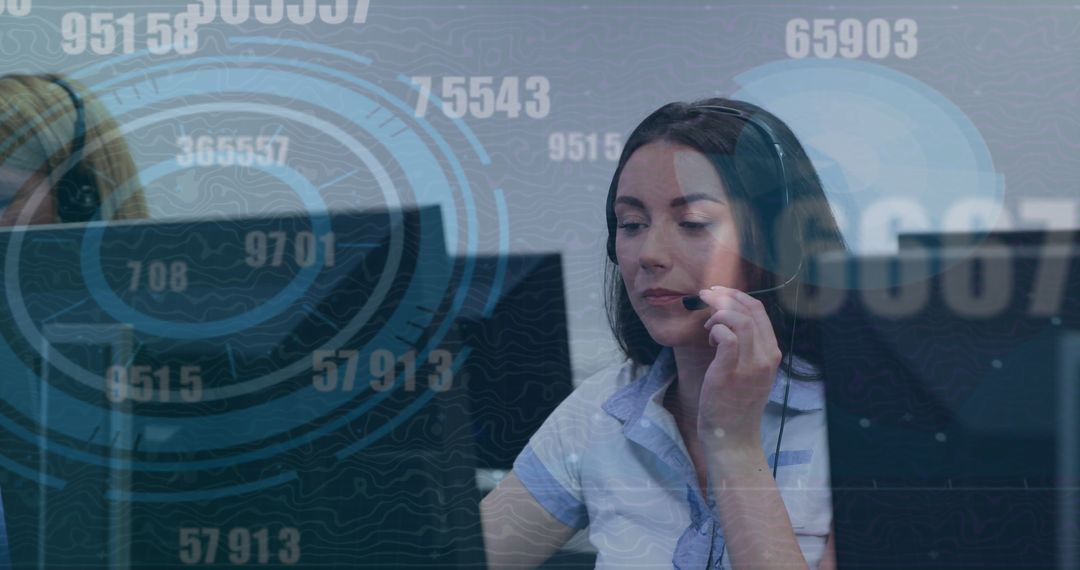 Customer Service Agent in Tech Office Environment with Interface Overlay