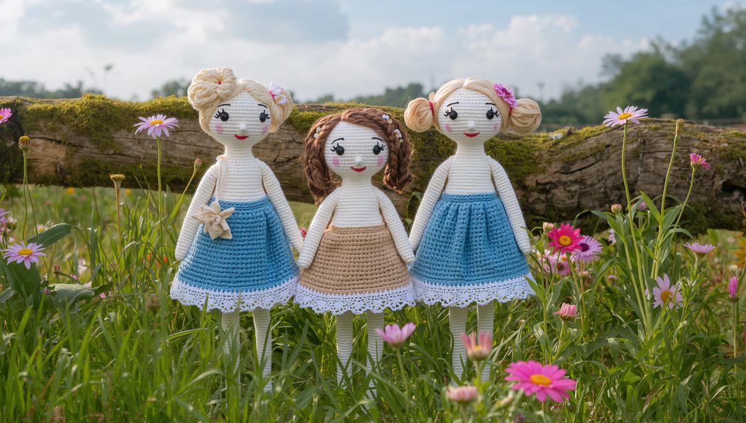 Three Crocheted Dolls Standing in Vibrant Wildflower Meadow
