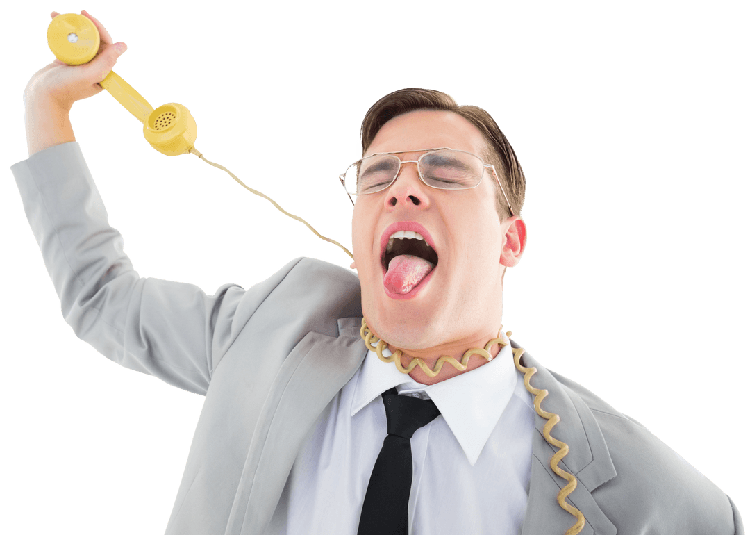 Quirky Businessman Tangled in Old Phone Cord Transparent Background