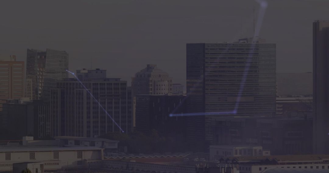 Glowing Network Connections in Urban Skyline at Dusk