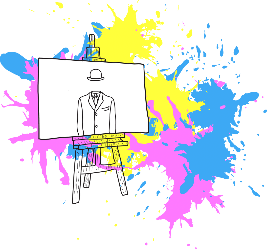 Colorful Art Easel with Magritte-Style Painting on Transparent Background