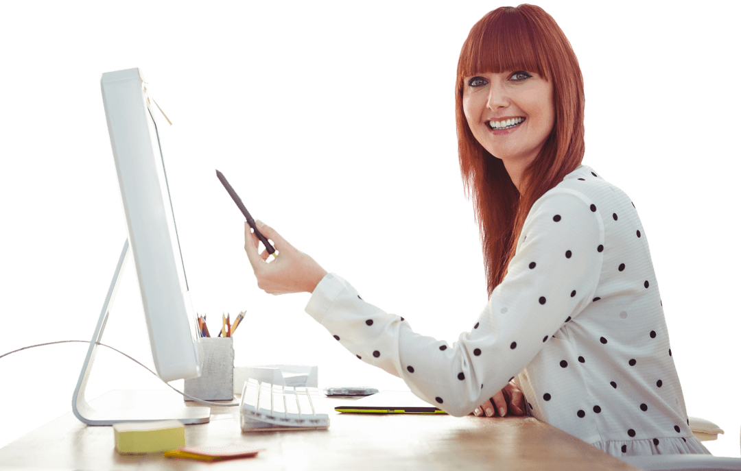 Smiling Hipster Woman Using Pen on Transparent Computer Screen