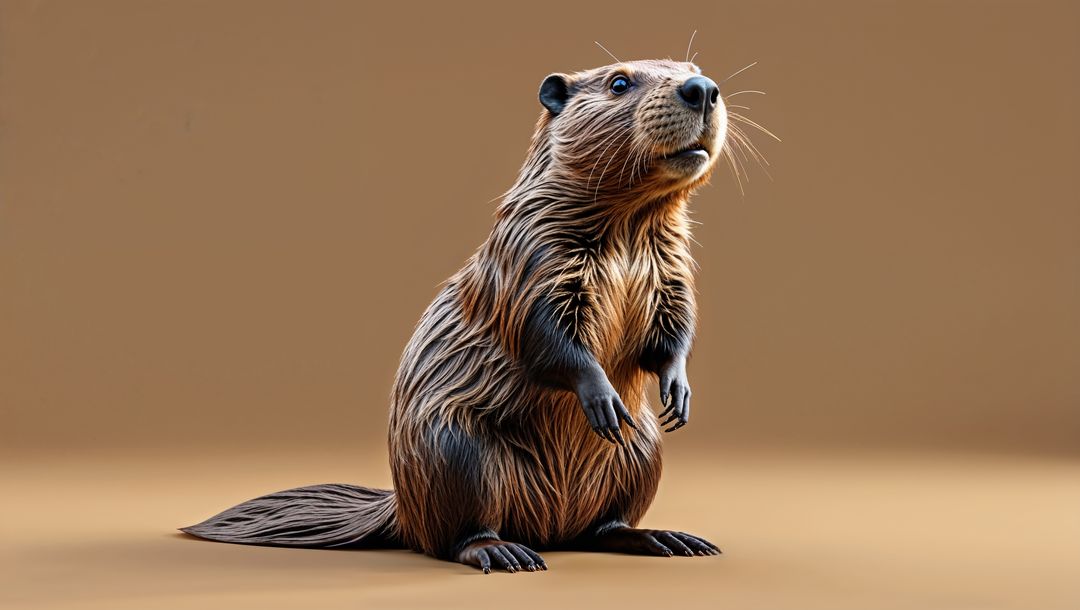 Realistic Standing Beaver with Glossy Fur and Whiskers