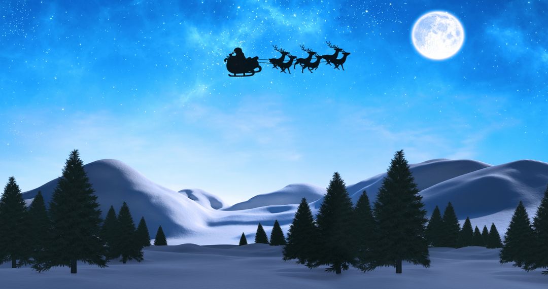 Santa Claus Flying Across Moonlit Winter Sky in Silhouette