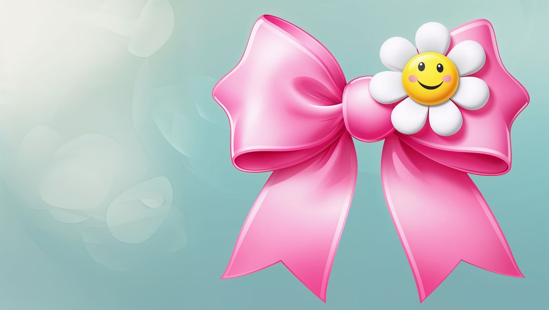 Pink Ribbon Bow with Smiling Daisy on Teal Abstract Background