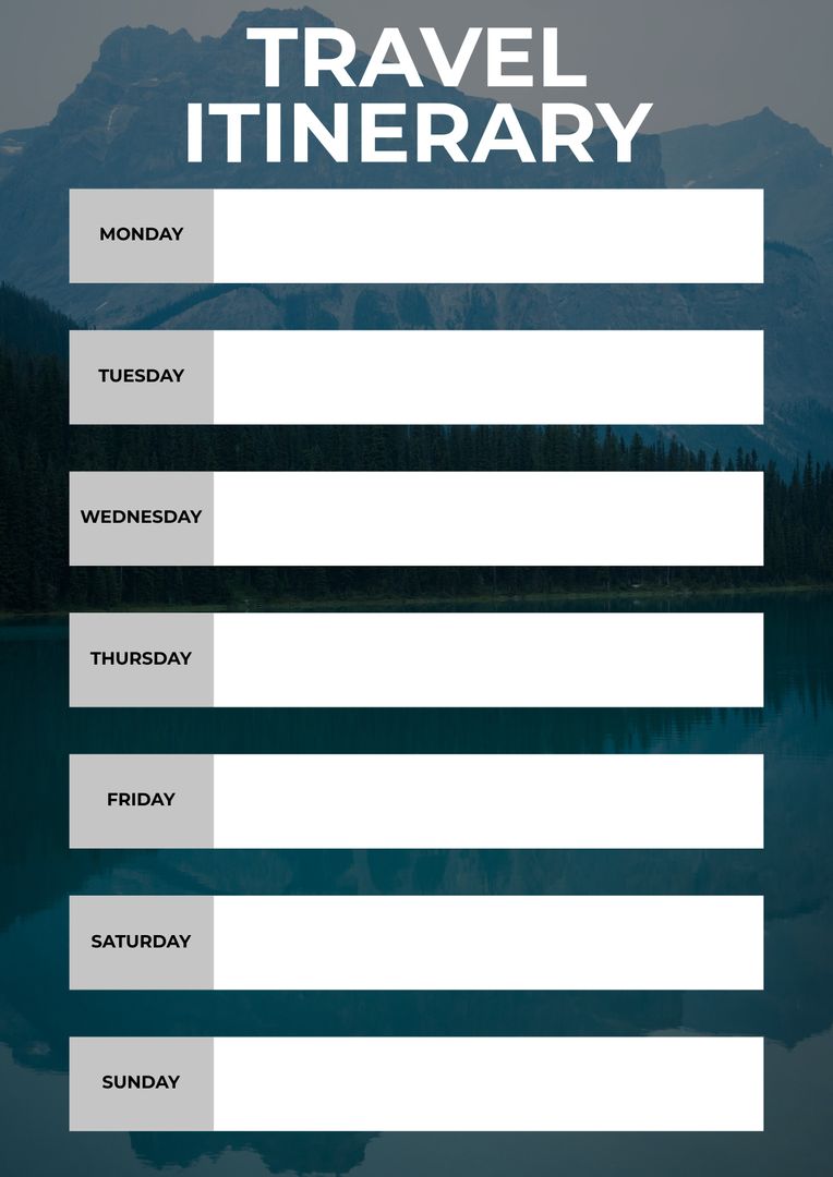 Weekly Travel Itinerary Template with Scenic Mountain Background