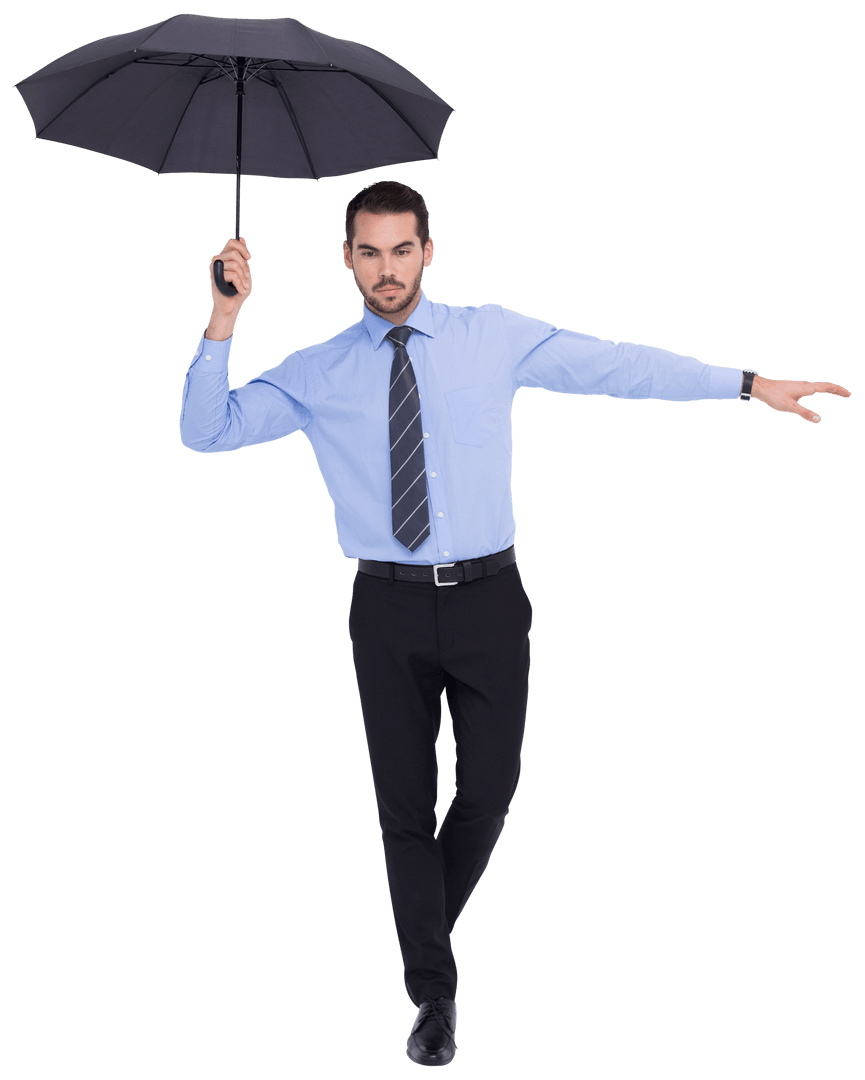 Transparent Smart Businessman Balancing with Umbrella Elegantly