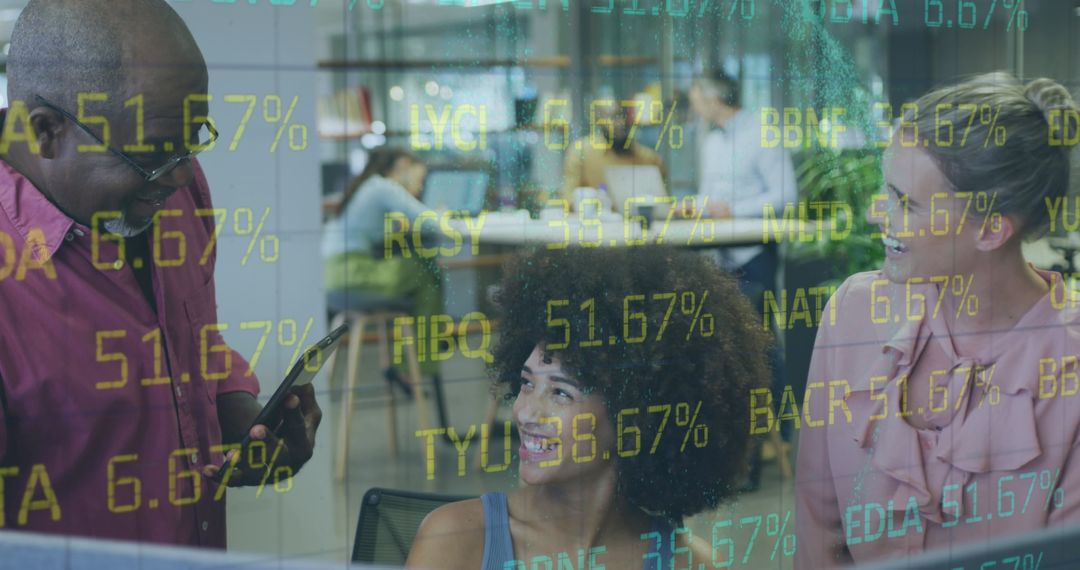 Team Collaborating on Stock Market Data with Digital Interface