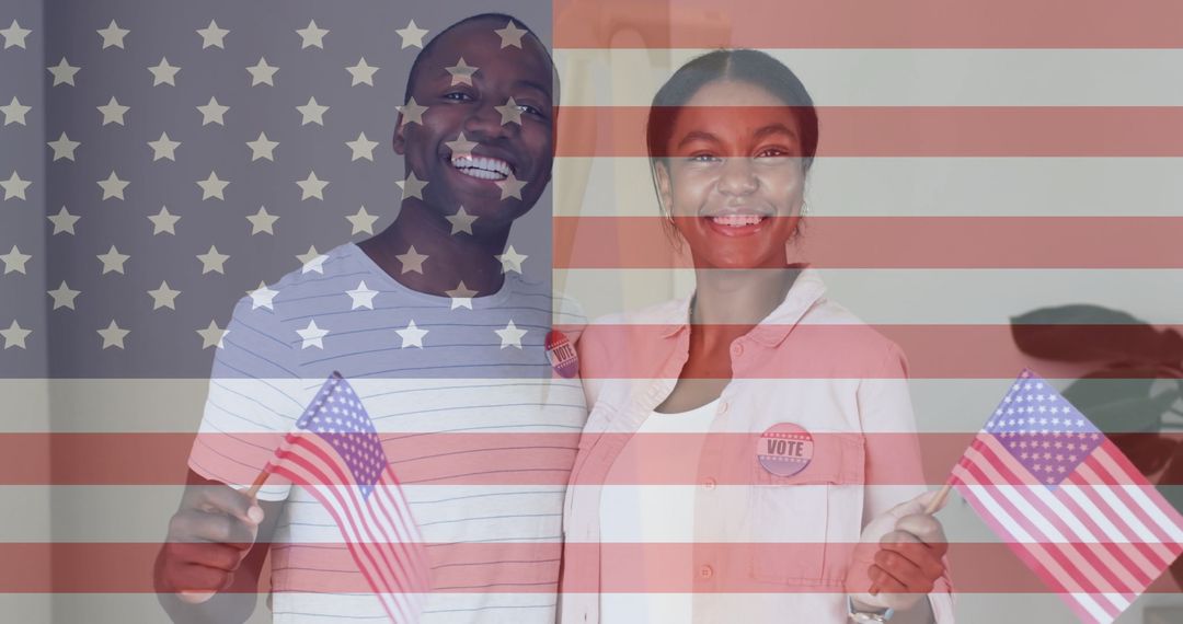Diverse Couple Smiling with Flags and VOTE Badges Symbolizing Civic Engagement