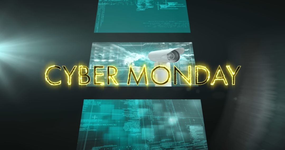 Cyber Monday Digital Discount Sale Background with Abstract Data Processing Screens