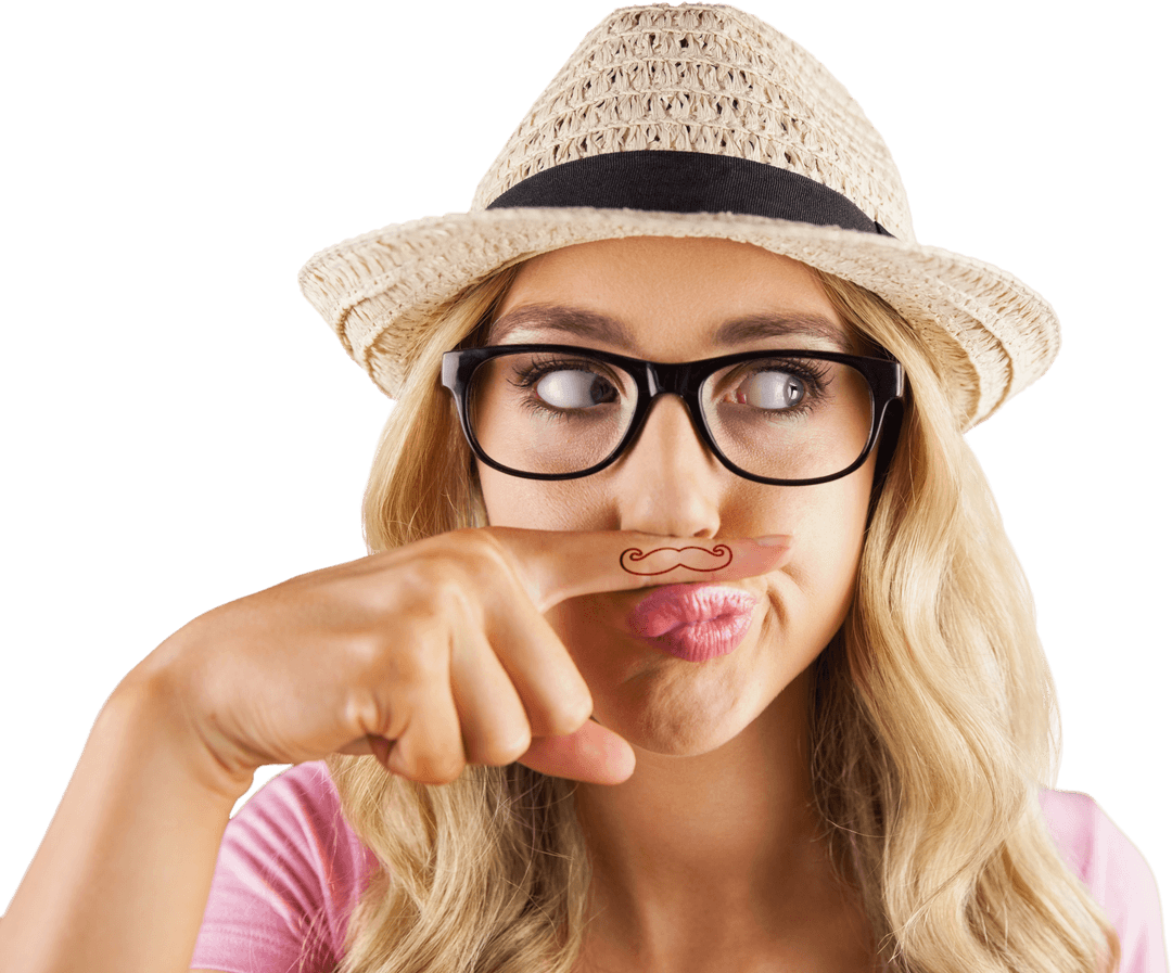 Playful Woman Posing with Transparent Fake Finger Mustache