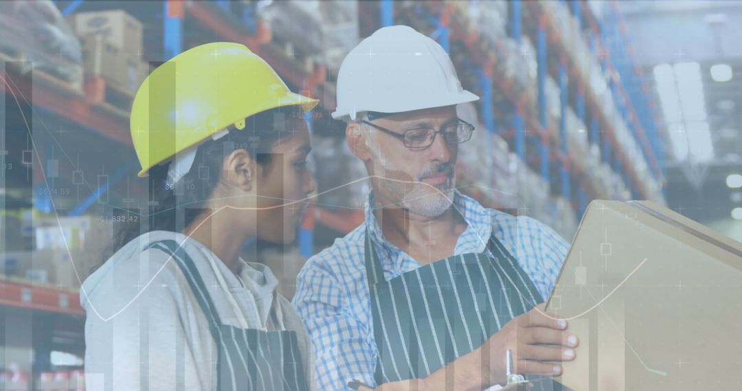 Warehouse Workers Analyzing Logistics with Digital Overlay