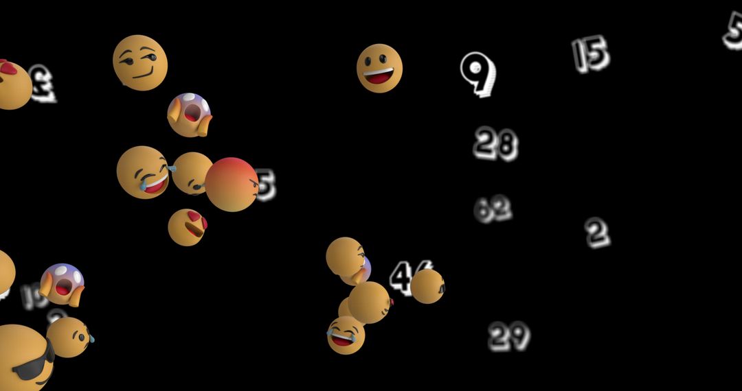 Floating Emoji Icons on Black with Confetti Numbers