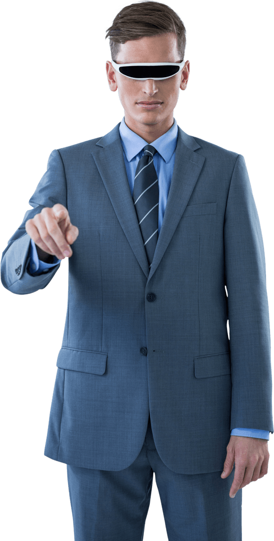 Businessman Using Transparent Virtual Reality Glasses Pointing Forward