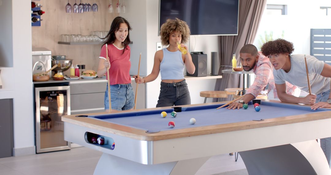 Diverse Friends Enjoying Pool and Drinks, Modern Living Space