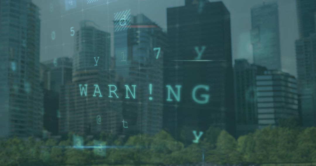 Digital Security Warning Overlaying Urban Skyline