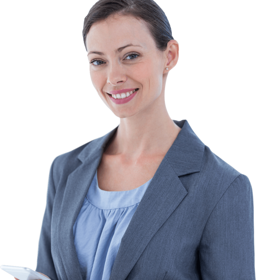 Confident Businesswoman Holding Smartphone in Transparent Background