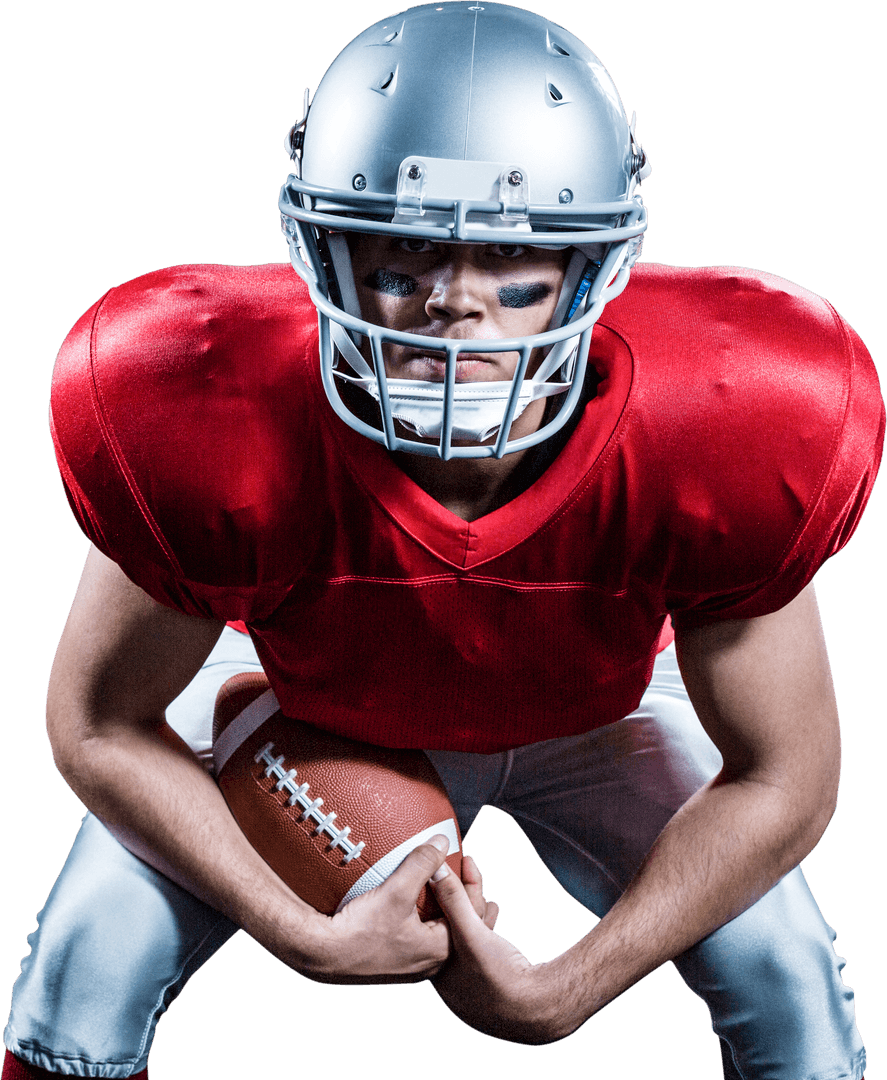 American Football Player in Intense Pose with Ball Transparent Background