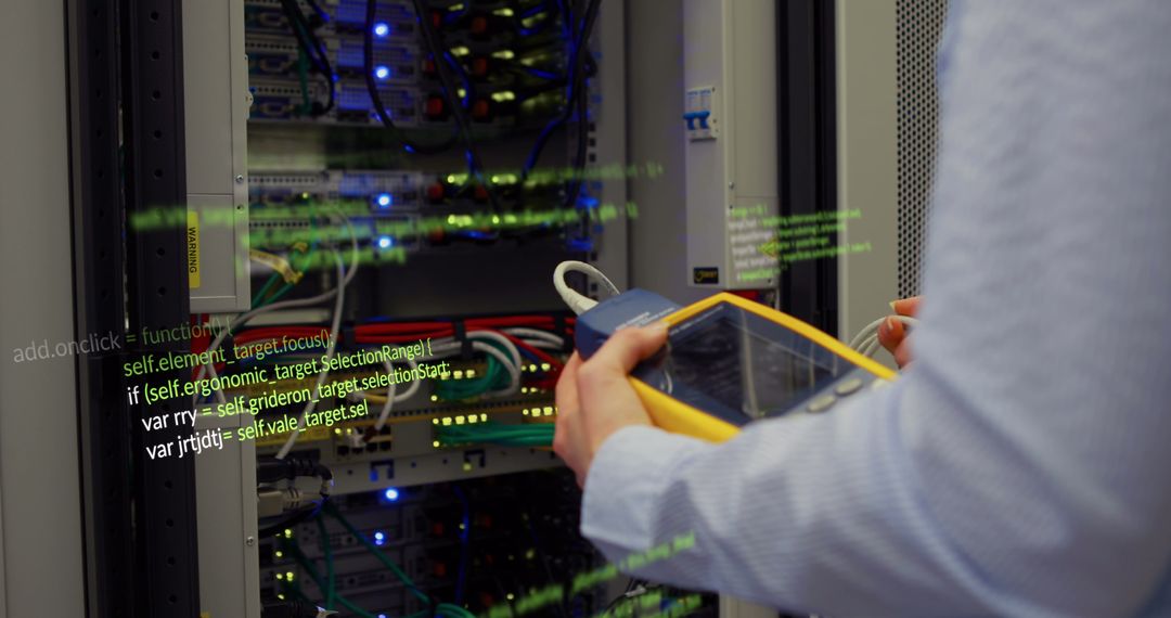 Technician Analyzing Network Data in Modern Server Room