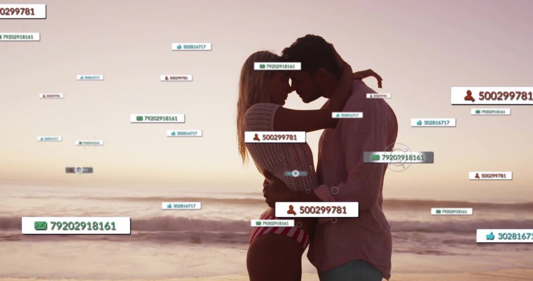 Couple Embracing by Ocean with Social Media Graphics