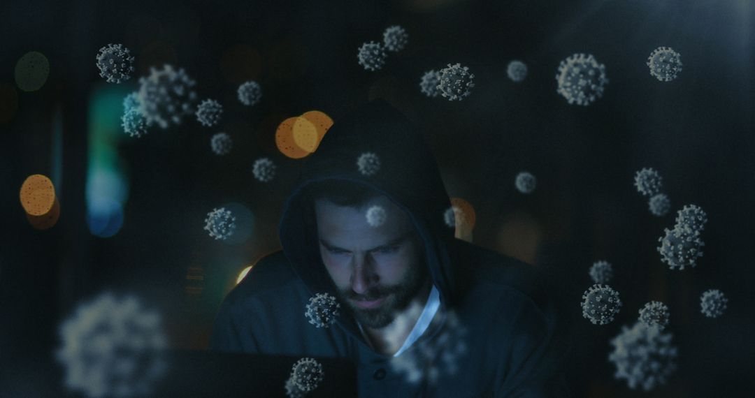 Cybersecurity Hacker Working with Virus Particle Overlays