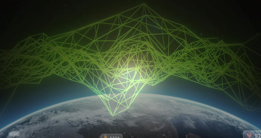 Neon Green Wireframe Network Overlay Above Earth Horizon